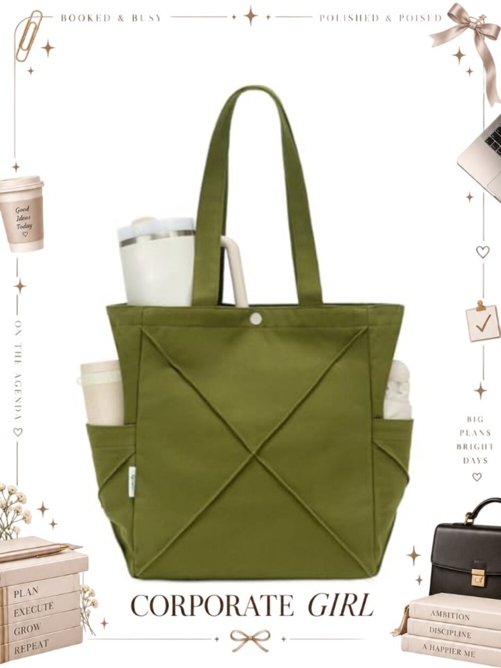 Canvas Tote Bag Large Shoulder Bag Side & Inner Pockets Lightweight Purse